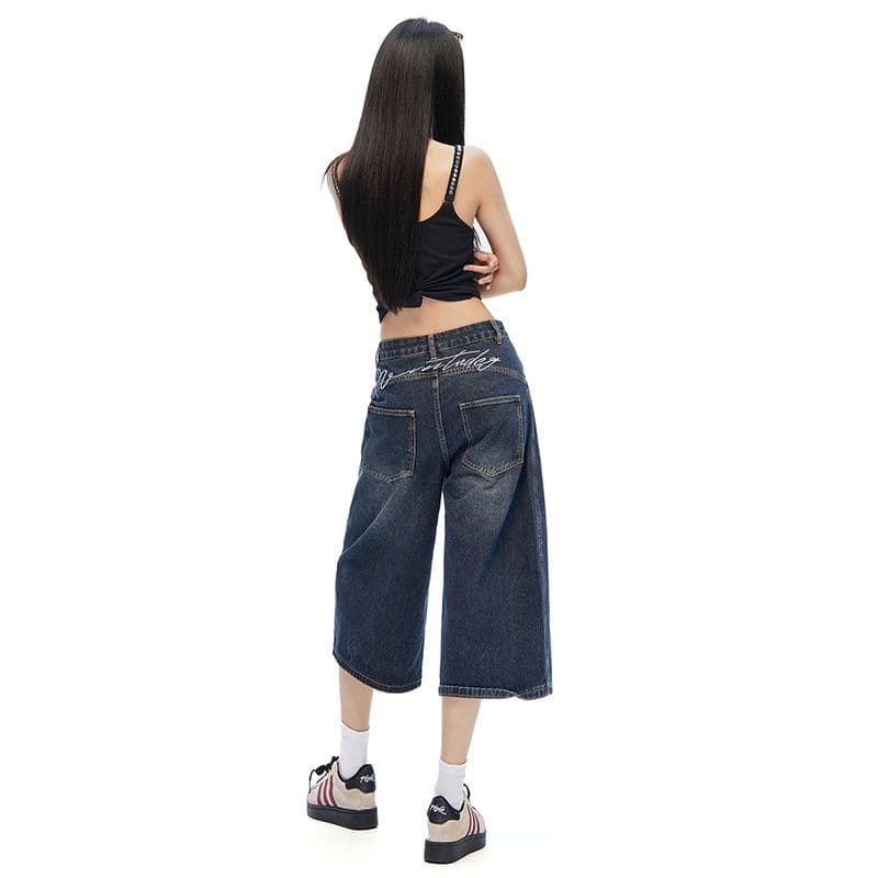 아메리칸 레트로 알파벳 자수 모통이 칼 데님 7 점 반바지 여성 여름 새로운 디자인 센스 루즈핏 스트레이트 바지 이미지 3