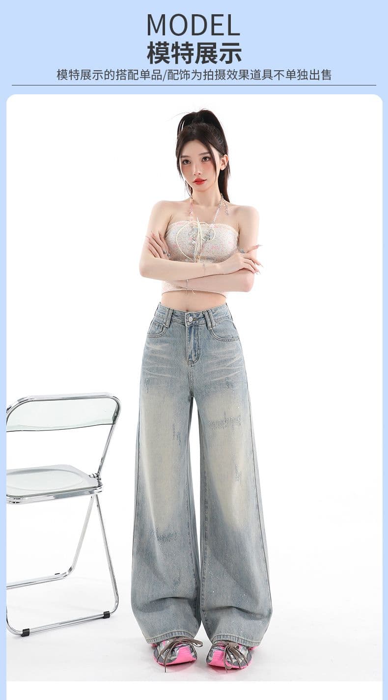 레트로 하늘색 청바지 여성 여름 2026 새로운 워싱 좋은 플래시 뜨거운 금 분말 주간 실크 와이드 레그 팬츠 어린이 상세 이미지 14