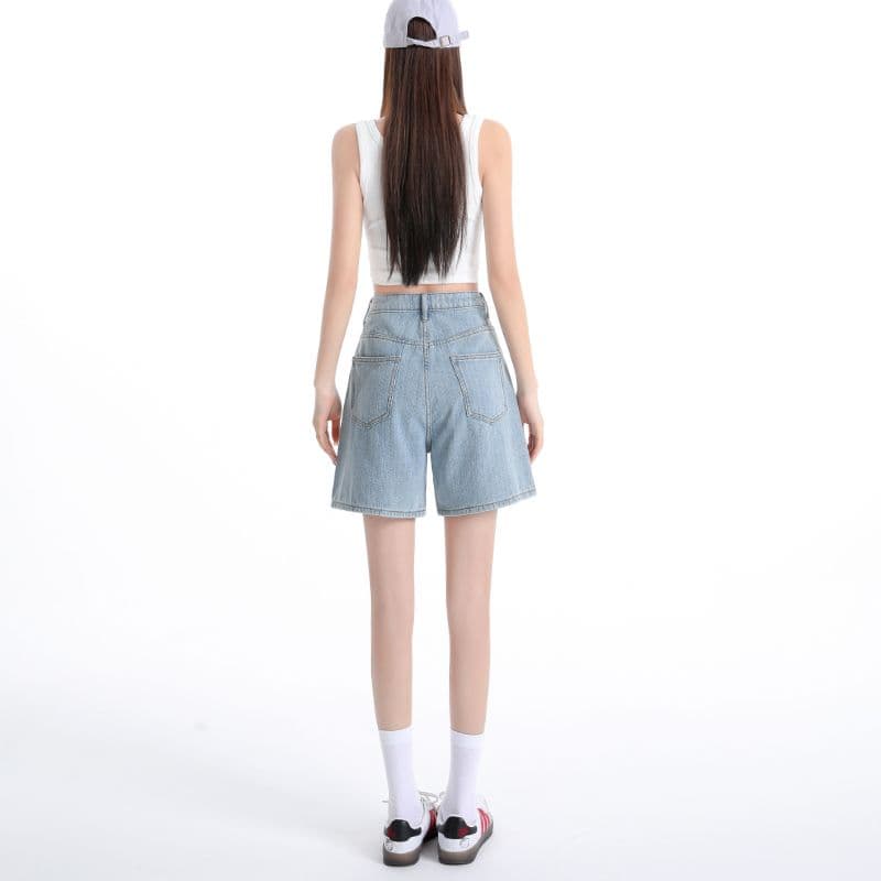 미니멀리즘 다용도 3 차원 범프 질감 센스 단어 버전 슬림해 보이는 디스플레이 다리 좋은 하이웨이스트 데님 반바지 여름 이미지 4
