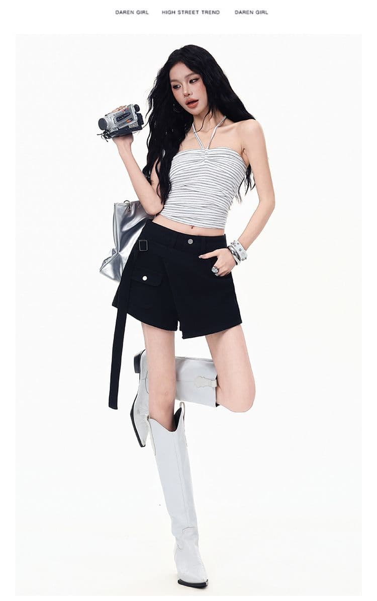 검정색 페이크 레이어드 데님 반바지 여성 여름 새로운 불규칙 하이웨이스트 슬림해 보이는 작은 키 한 마디 뜨거운 바지 트렌디 상세 이미지 14