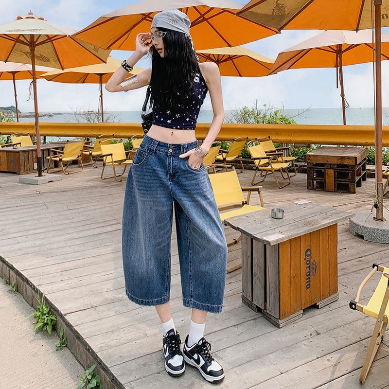 여름 넓은 다리 8 점 바지 슬림해 보이는 다용도 이중 버튼 7 점 데님 바지 새로운 루즈핏 반바지 여성 뜨거운 이미지 4