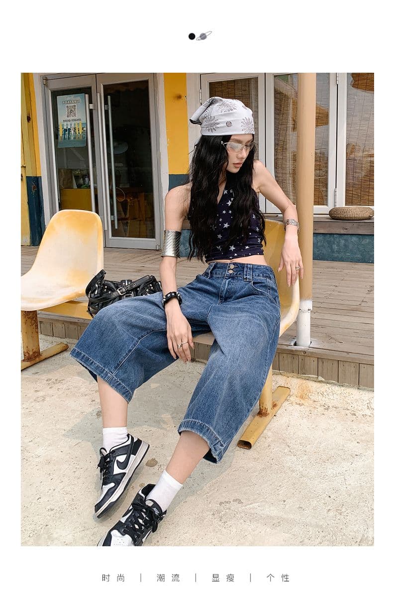 여름 넓은 다리 8 점 바지 슬림해 보이는 다용도 이중 버튼 7 점 데님 바지 새로운 루즈핏 반바지 여성 뜨거운 상세 이미지 2