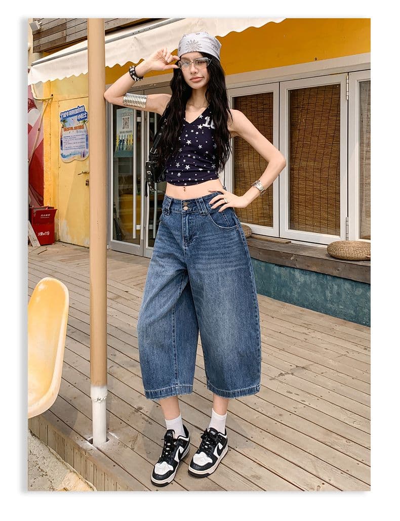 여름 넓은 다리 8 점 바지 슬림해 보이는 다용도 이중 버튼 7 점 데님 바지 새로운 루즈핏 반바지 여성 뜨거운 상세 이미지 10