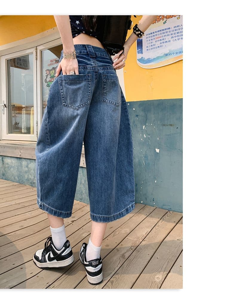 여름 넓은 다리 8 점 바지 슬림해 보이는 다용도 이중 버튼 7 점 데님 바지 새로운 루즈핏 반바지 여성 뜨거운 상세 이미지 12