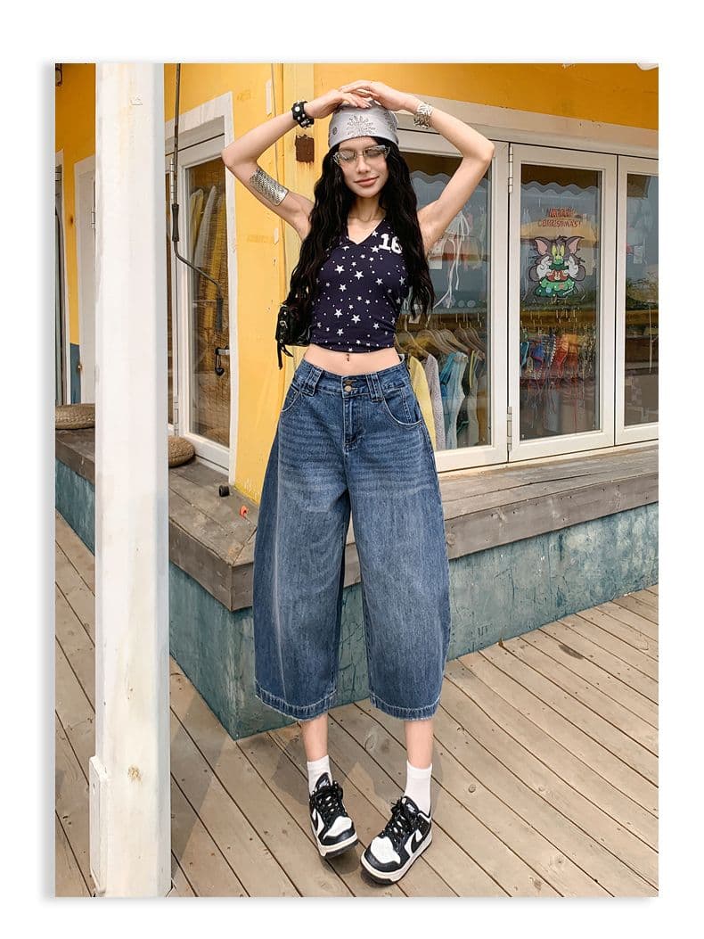 여름 넓은 다리 8 점 바지 슬림해 보이는 다용도 이중 버튼 7 점 데님 바지 새로운 루즈핏 반바지 여성 뜨거운 상세 이미지 13
