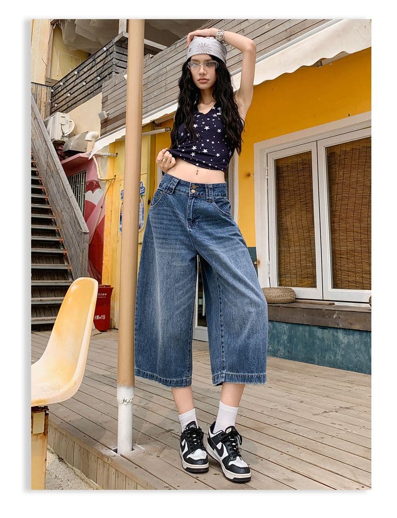 여름 넓은 다리 8 점 바지 슬림해 보이는 다용도 이중 버튼 7 점 데님 바지 새로운 루즈핏 반바지 여성 뜨거운 상세 이미지 14