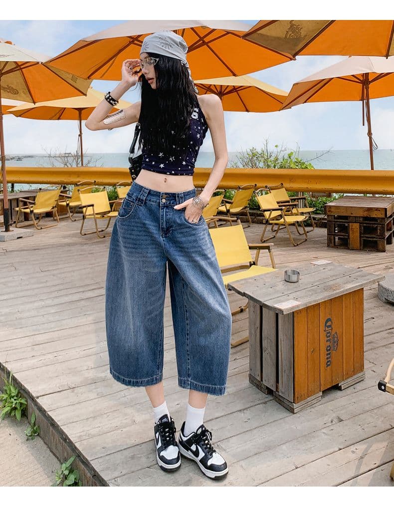 여름 넓은 다리 8 점 바지 슬림해 보이는 다용도 이중 버튼 7 점 데님 바지 새로운 루즈핏 반바지 여성 뜨거운 상세 이미지 20