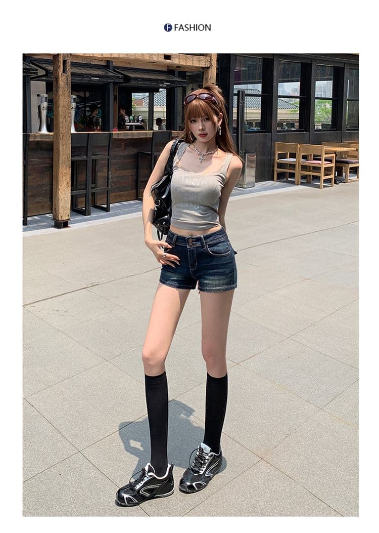 아메리칸 레트로 더블 버클 데님 반바지 여성 새로운 핫걸 슬림해 보이는 신축성 타이트 한 마디 핫 바지 상세 이미지 13