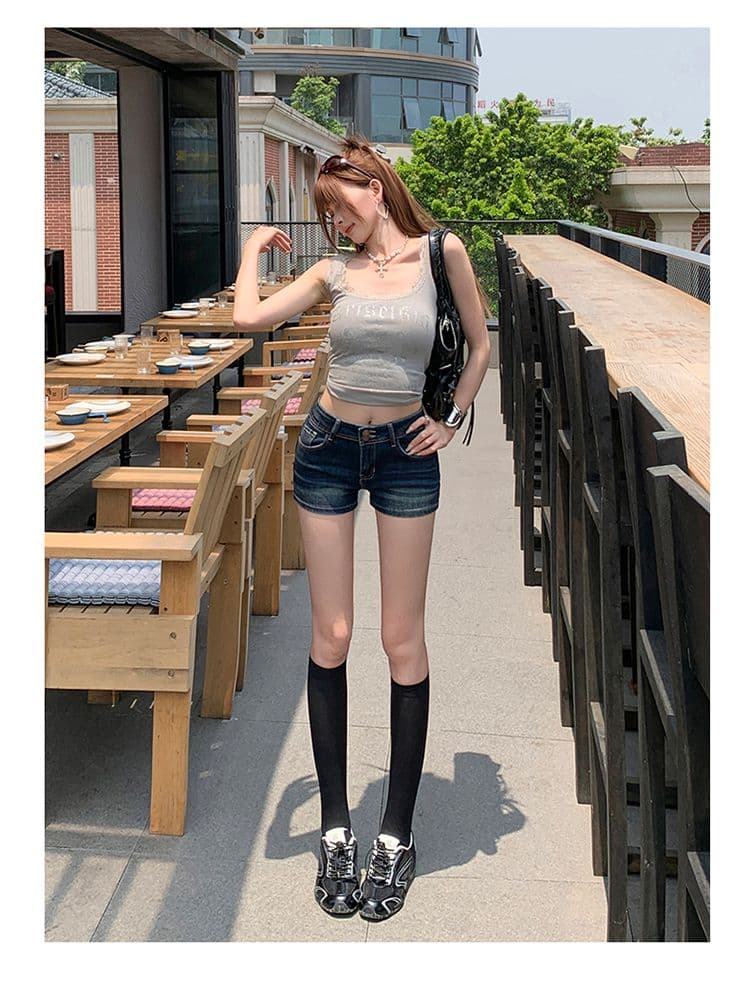 아메리칸 레트로 더블 버클 데님 반바지 여성 새로운 핫걸 슬림해 보이는 신축성 타이트 한 마디 핫 바지 상세 이미지 14