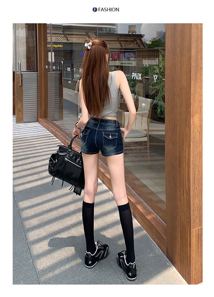 아메리칸 레트로 더블 버클 데님 반바지 여성 새로운 핫걸 슬림해 보이는 신축성 타이트 한 마디 핫 바지 상세 이미지 17