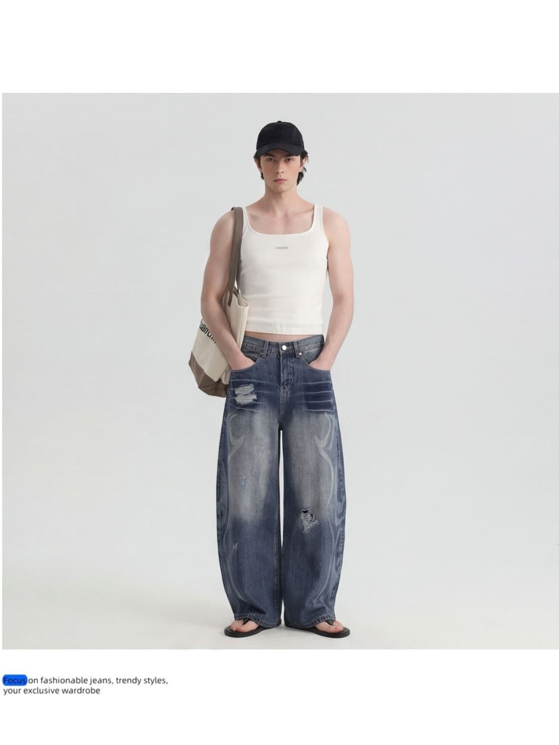 레트로 블루 높음 거리 루즈핏 넓은 다리 청바지 여성 아메리칸 찢어진 부분 디자인 센스 프린트 도루 센스 모통이 칼 바닥 청소 바지 상세 이미지 10
