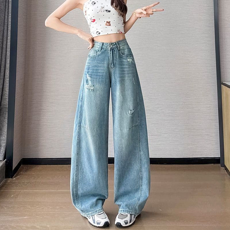 디자인 센스 모통이 칼 넓은 다리 청바지 여성 여름 하이웨이스트 찢어진 부분 워싱 마 오래된 표지 넓적 다리 슬림해 보이는 루즈핏 바닥 청소 바지 이미지 5