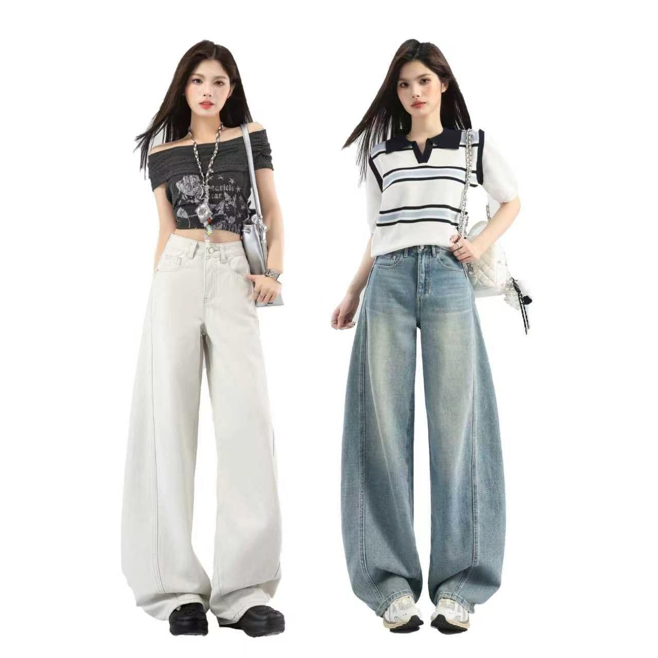 2026 새로운 둘 색상 바지 하이웨이스트 슬림해 보이는 넓은 다리 플립 커버 자수 청바지 이미지 2