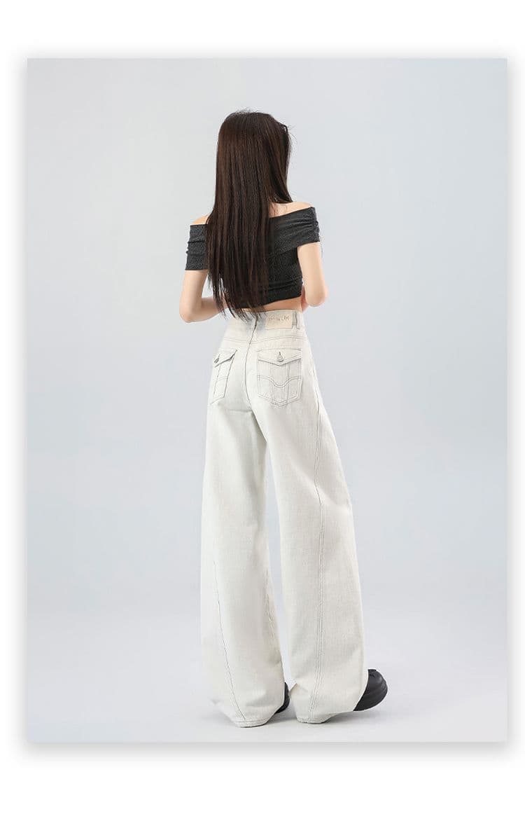 2026 새로운 둘 색상 바지 하이웨이스트 슬림해 보이는 넓은 다리 플립 커버 자수 청바지 상세 이미지 19