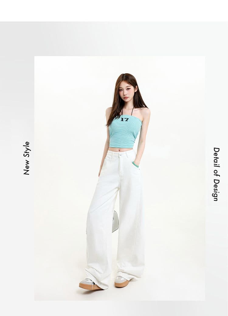 봄 여름 화이트 바지 미니멀리즘 다용도 레트로 하이웨이스트 넓은 다리 청바지 여성 루즈핏 슬림해 보이는 캐주얼 스트레이트 바닥 청소 바지 상세 이미지 3