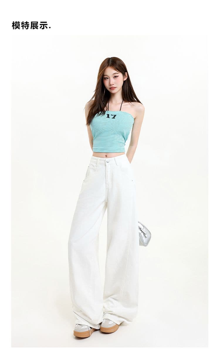 봄 여름 화이트 바지 미니멀리즘 다용도 레트로 하이웨이스트 넓은 다리 청바지 여성 루즈핏 슬림해 보이는 캐주얼 스트레이트 바닥 청소 바지 상세 이미지 11