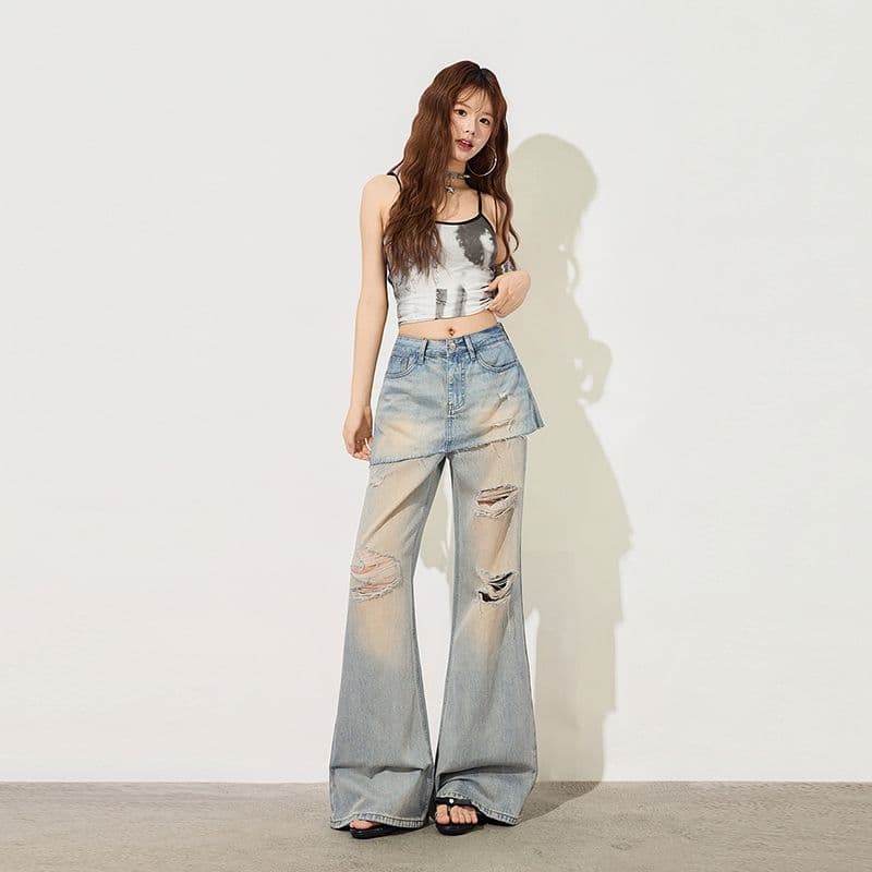 거친 가장자리 랩스커트팬츠 찢어진 청바지 여성 여름 새로운 하이웨이스트 몸매 가꾸기 슬림해 보이는 다용도 캐주얼 바닥 청소 부츠컷 바지 트렌디 이미지 4