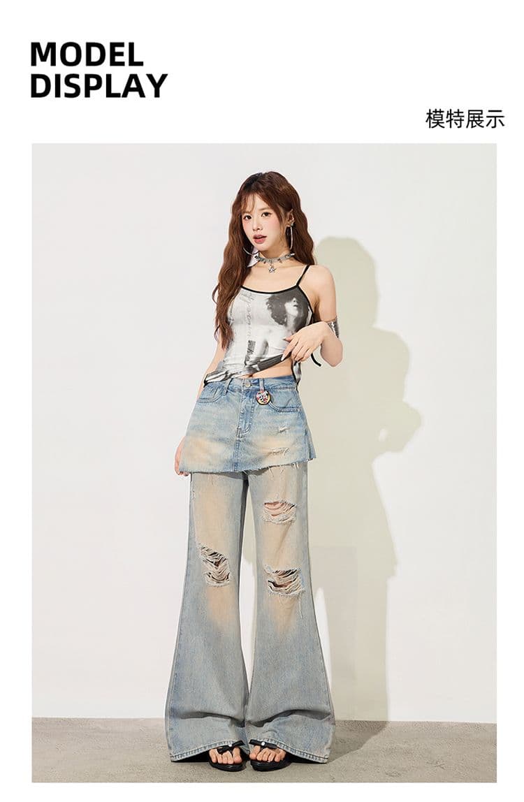 거친 가장자리 랩스커트팬츠 찢어진 청바지 여성 여름 새로운 하이웨이스트 몸매 가꾸기 슬림해 보이는 다용도 캐주얼 바닥 청소 부츠컷 바지 트렌디 상세 이미지 7