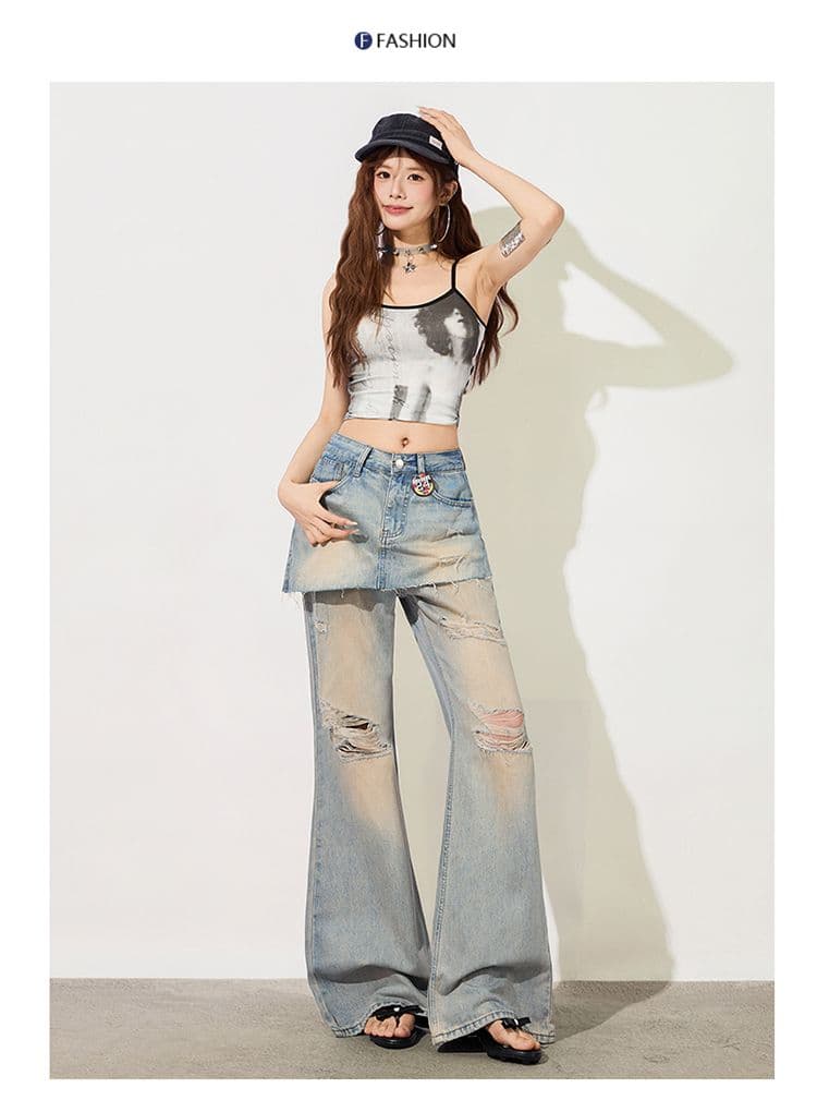 거친 가장자리 랩스커트팬츠 찢어진 청바지 여성 여름 새로운 하이웨이스트 몸매 가꾸기 슬림해 보이는 다용도 캐주얼 바닥 청소 부츠컷 바지 트렌디 상세 이미지 8