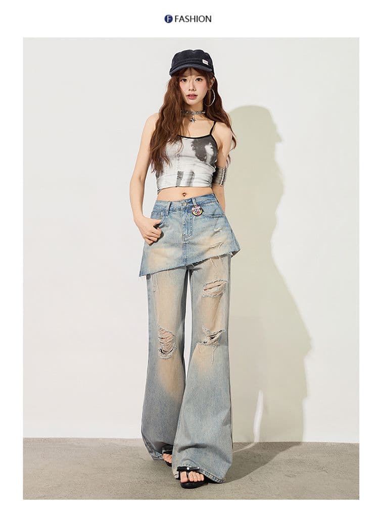 거친 가장자리 랩스커트팬츠 찢어진 청바지 여성 여름 새로운 하이웨이스트 몸매 가꾸기 슬림해 보이는 다용도 캐주얼 바닥 청소 부츠컷 바지 트렌디 상세 이미지 9