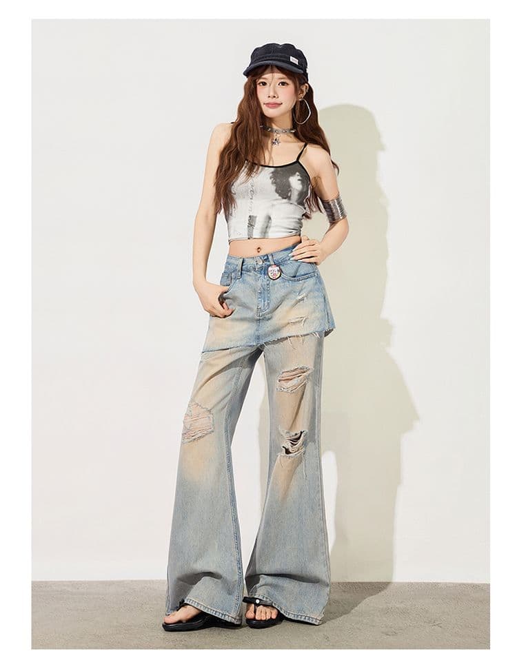 거친 가장자리 랩스커트팬츠 찢어진 청바지 여성 여름 새로운 하이웨이스트 몸매 가꾸기 슬림해 보이는 다용도 캐주얼 바닥 청소 부츠컷 바지 트렌디 상세 이미지 10