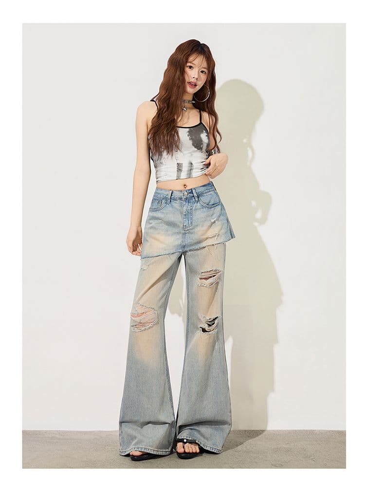 거친 가장자리 랩스커트팬츠 찢어진 청바지 여성 여름 새로운 하이웨이스트 몸매 가꾸기 슬림해 보이는 다용도 캐주얼 바닥 청소 부츠컷 바지 트렌디 상세 이미지 15