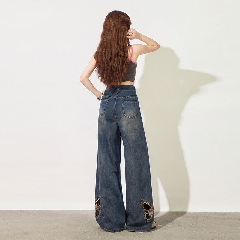나비 핫픽스 홀로우 아웃 찢어진 부분 넓은 다리 청바지 여성 2026 년 여름 얇은 스타일 하이웨이스트 슬림해 보이는 루즈핏 스트레이트 팬츠 이미지 4