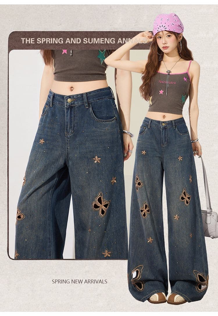 나비 핫픽스 홀로우 아웃 찢어진 부분 넓은 다리 청바지 여성 2026 년 여름 얇은 스타일 하이웨이스트 슬림해 보이는 루즈핏 스트레이트 팬츠 상세 이미지 2