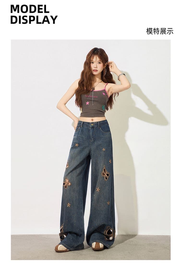 나비 핫픽스 홀로우 아웃 찢어진 부분 넓은 다리 청바지 여성 2026 년 여름 얇은 스타일 하이웨이스트 슬림해 보이는 루즈핏 스트레이트 팬츠 상세 이미지 8