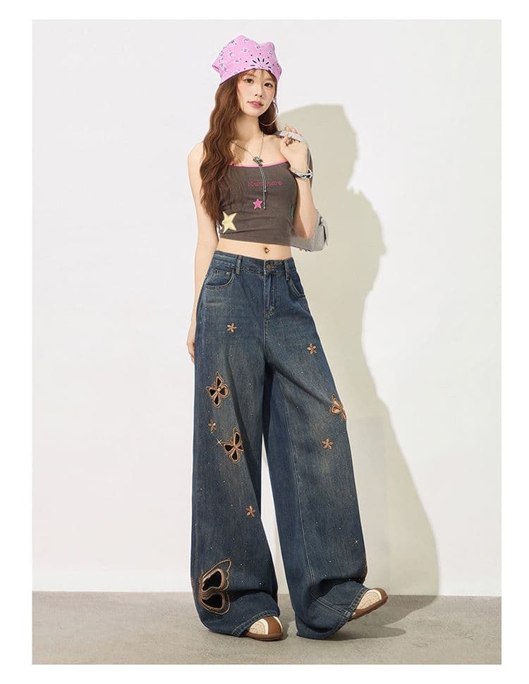 나비 핫픽스 홀로우 아웃 찢어진 부분 넓은 다리 청바지 여성 2026 년 여름 얇은 스타일 하이웨이스트 슬림해 보이는 루즈핏 스트레이트 팬츠 상세 이미지 11