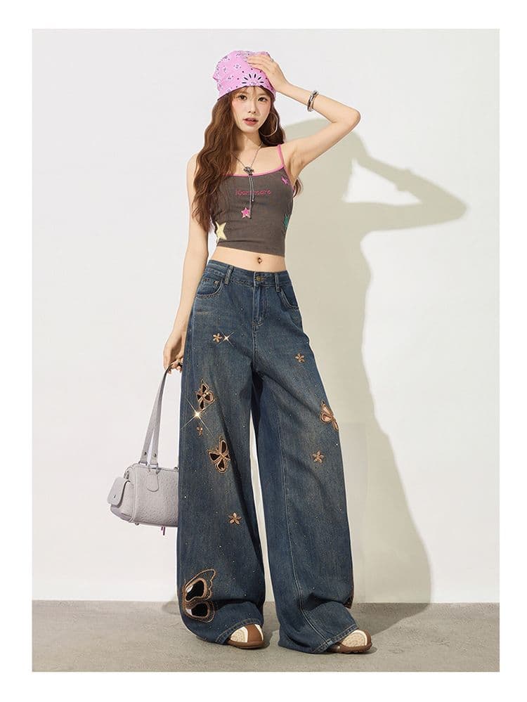 나비 핫픽스 홀로우 아웃 찢어진 부분 넓은 다리 청바지 여성 2026 년 여름 얇은 스타일 하이웨이스트 슬림해 보이는 루즈핏 스트레이트 팬츠 상세 이미지 13