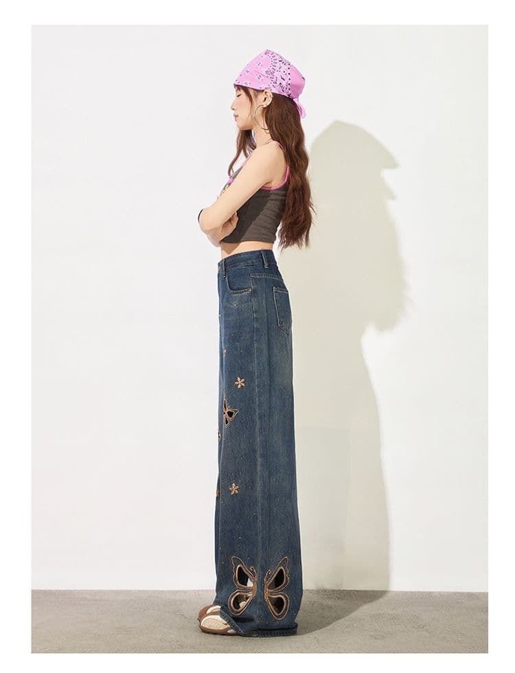 나비 핫픽스 홀로우 아웃 찢어진 부분 넓은 다리 청바지 여성 2026 년 여름 얇은 스타일 하이웨이스트 슬림해 보이는 루즈핏 스트레이트 팬츠 상세 이미지 16
