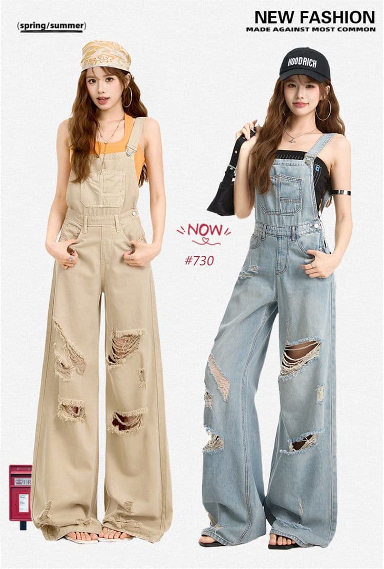 아메리칸 레트로 찢어진 부분 데님 멜빵 바지 여성 2026 여름 새로운 하이웨이스트 슬림해 보이는 루즈핏 스트레이트 올인원 긴 바지 상세 이미지 1