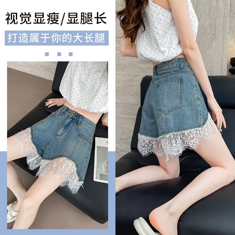레이스 데님 반바지 여성 여름 얇은 스타일 2025 년 새로운 개성 루즈핏 세련된 인기 한 마디 반바지 아이들