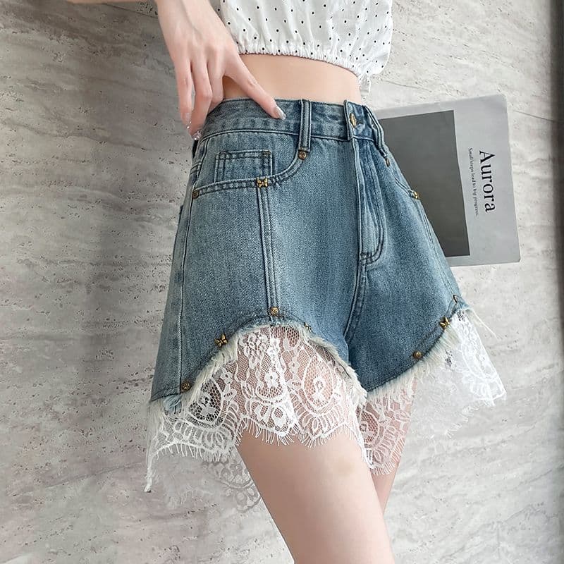 레이스 데님 반바지 여성 여름 얇은 스타일 2025 년 새로운 개성 루즈핏 세련된 인기 한 마디 반바지 아이들 이미지 3