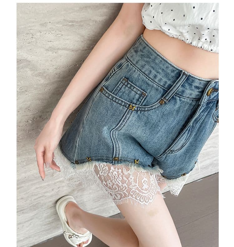 레이스 데님 반바지 여성 여름 얇은 스타일 2025 년 새로운 개성 루즈핏 세련된 인기 한 마디 반바지 아이들 상세 이미지 4