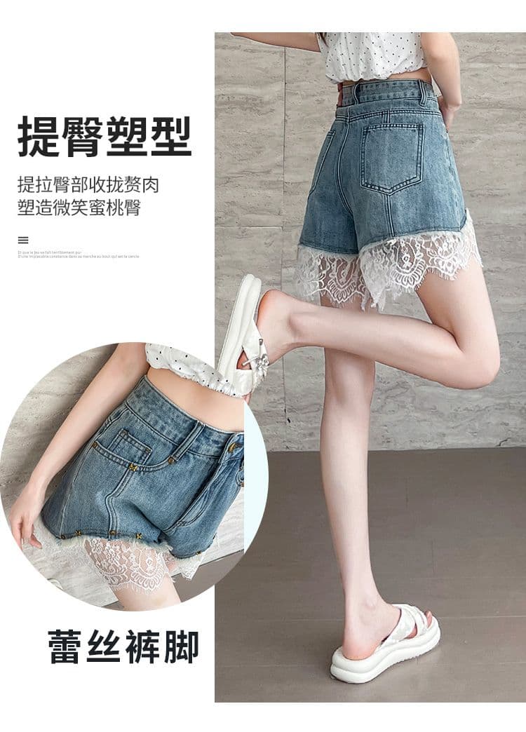 레이스 데님 반바지 여성 여름 얇은 스타일 2025 년 새로운 개성 루즈핏 세련된 인기 한 마디 반바지 아이들 상세 이미지 6