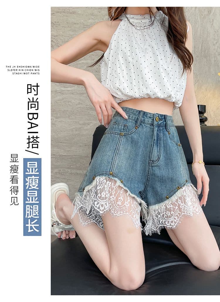 레이스 데님 반바지 여성 여름 얇은 스타일 2025 년 새로운 개성 루즈핏 세련된 인기 한 마디 반바지 아이들 상세 이미지 11