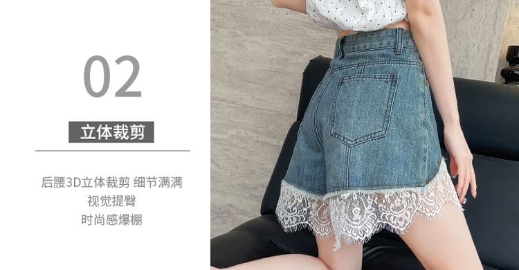 레이스 데님 반바지 여성 여름 얇은 스타일 2025 년 새로운 개성 루즈핏 세련된 인기 한 마디 반바지 아이들 상세 이미지 13