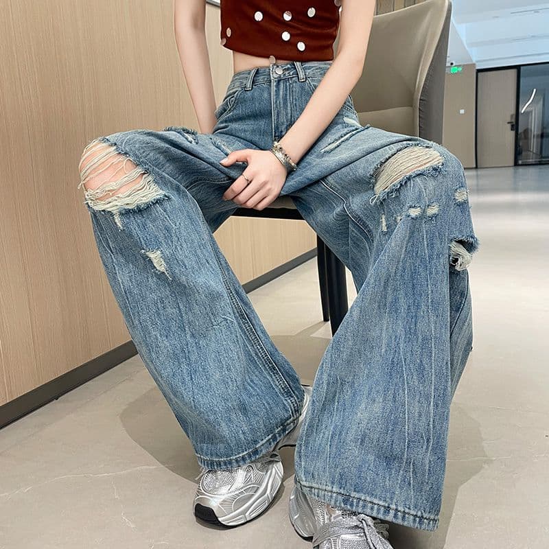 아메리칸 레트로 찢어진 부분 넓은 다리 청바지 여성 2026 새로운 여름 하이웨이스트 슬림해 보이는 루즈핏 스트레이트 바닥 청소 바지 이미지 3