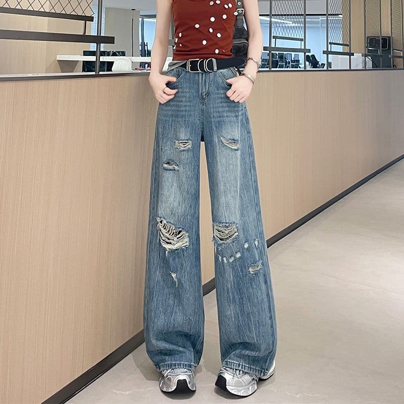 아메리칸 레트로 찢어진 부분 넓은 다리 청바지 여성 2026 새로운 여름 하이웨이스트 슬림해 보이는 루즈핏 스트레이트 바닥 청소 바지 이미지 5