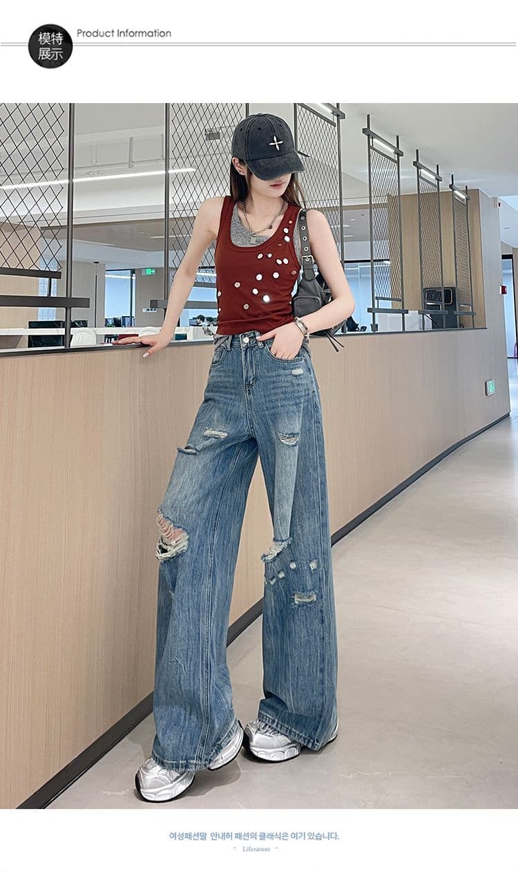 아메리칸 레트로 찢어진 부분 넓은 다리 청바지 여성 2026 새로운 여름 하이웨이스트 슬림해 보이는 루즈핏 스트레이트 바닥 청소 바지 상세 이미지 14