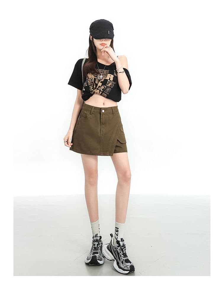 아메리칸 레트로 카키 색 워크웨어 데님 짧은 치마바지 여성 봄 가을 작은 키 하이웨이스트 한 마디 넓은 다리 핫걸 핫 바지 상세 이미지 10