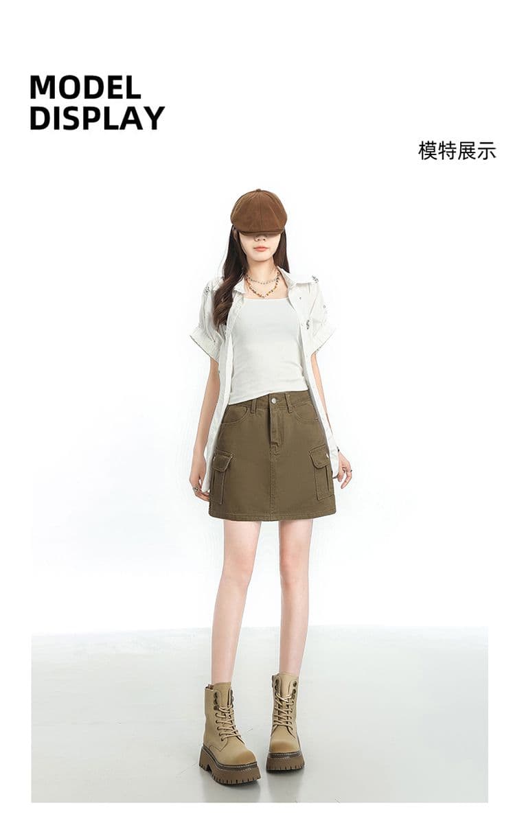 아메리칸 한 마디 워크웨어 데님 미니 스커트 여성 여름 하이웨이스트 슬림해 보이는 작은 키 노출 방지 쇼트 스타일 타이트 스커트 반신 스커트 상세 이미지 8