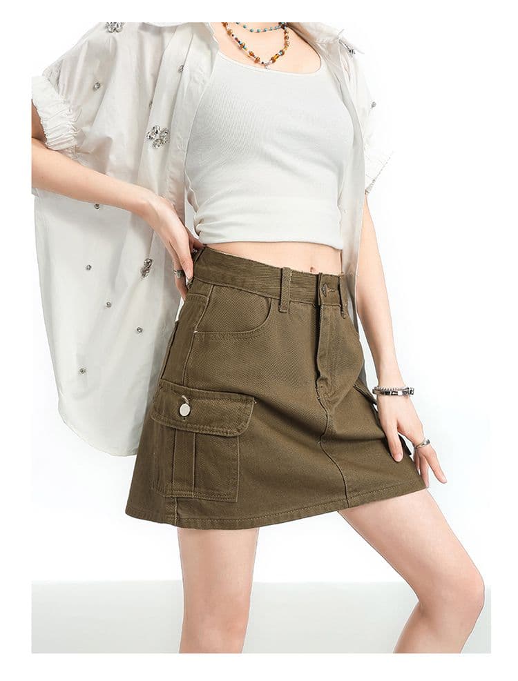 아메리칸 한 마디 워크웨어 데님 미니 스커트 여성 여름 하이웨이스트 슬림해 보이는 작은 키 노출 방지 쇼트 스타일 타이트 스커트 반신 스커트 상세 이미지 15