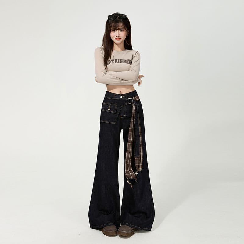 한국 스타일 디자인 센스 레트로 넓은 다리 루즈핏 청바지 여성 2025 가을 신제품 바닥 청소 바지 페이크 레이어드 나팔 바지 이미지 4