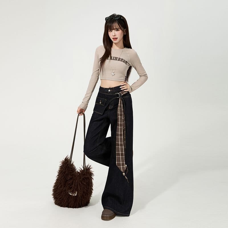 한국 스타일 디자인 센스 레트로 넓은 다리 루즈핏 청바지 여성 2025 가을 신제품 바닥 청소 바지 페이크 레이어드 나팔 바지 이미지 6