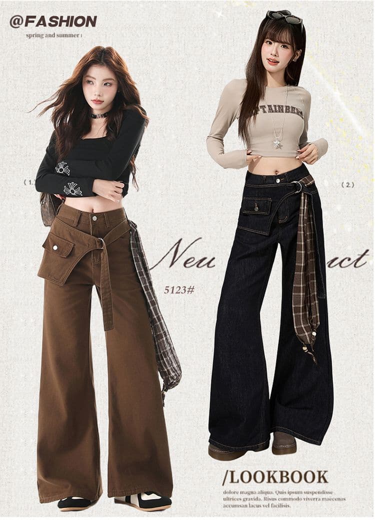 한국 스타일 디자인 센스 레트로 넓은 다리 루즈핏 청바지 여성 2025 가을 신제품 바닥 청소 바지 페이크 레이어드 나팔 바지 상세 이미지 2