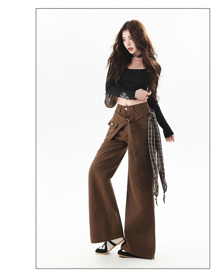 한국 스타일 디자인 센스 레트로 넓은 다리 루즈핏 청바지 여성 2025 가을 신제품 바닥 청소 바지 페이크 레이어드 나팔 바지 상세 이미지 8