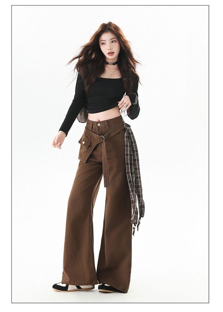 한국 스타일 디자인 센스 레트로 넓은 다리 루즈핏 청바지 여성 2025 가을 신제품 바닥 청소 바지 페이크 레이어드 나팔 바지 상세 이미지 12